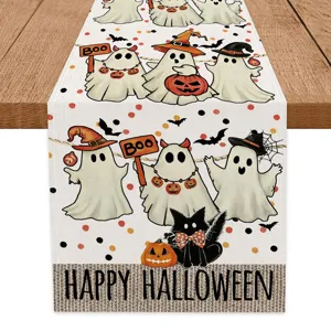Halloween Ghost Pumpkin Spider Web Printed Table Runner Holiday Dining Room Decor Mat