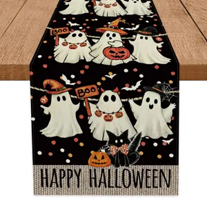 Halloween table runner with cute ghost pumpkin bat print, long table mat for party decor
