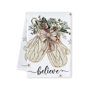 Weihnachts Küchentuch Geschirrtuch mit vintage Aquarell Strickhandschuhe Zapfen Motiv für Deko.