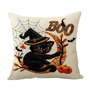 Halloween Schwarze Katze Kissenbezug Hexenhut Kuerbis Sofa Deko Kissenhuelle 45x45 cm