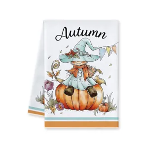 Autumn pumpkin scarecrow print kitchen tea towel, absorbent microfiber dish cloth for cleaning.