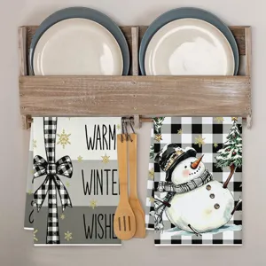Christmas kitchen towel set with buffalo check snowman and warm winter wishes print for holiday decor.