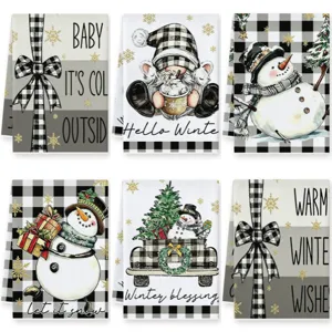 Christmas Kitchen Towel Microfiber Buffalo Plaid Snowman Gnome Printed Tea Towel Dish Cloth For Home Holiday Decor