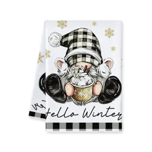 Christmas Gnome Kitchen Towel Black and White Plaid Dish Cloth Winter Holiday Decor Main View