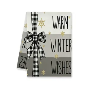 Christmas black and white plaid kitchen towel with warm winter wishes print, festive tea towel.