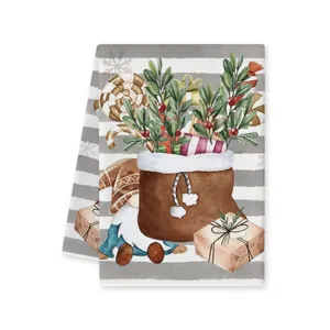 Kerst Gnomo Microvezel Handdoek Vakantie Keukenhanddoek Grijs Gestreepte Print