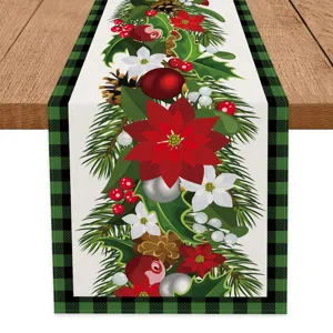 Kerst tafelloper met groen zwarte ruitrand feestelijke bloementafel decoratie mat