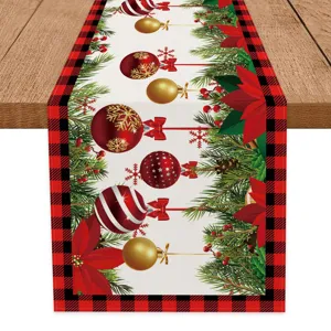 Kerst tafelloper rood zwart geruit feestelijke eettafel decoratie kerstbal bloem