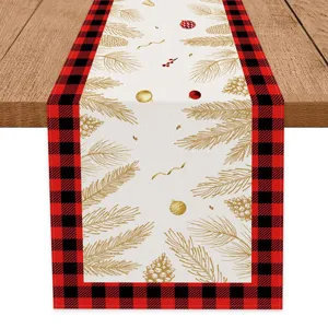 Kerst tafelloper rood zwart ruit goud dennentak feestelijke eettafel decoratie stof mat