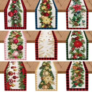 Kerst Tafelloper Rooster Rand Kerstster Bloemen Bal Print Linnen Look Polyester Vakantie Feest Eettafel Decoratie