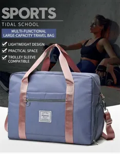 Multi-functional large capacity travel duffel bag with shoe compartment and pink straps.