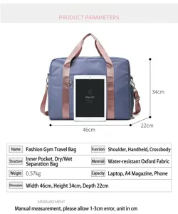 Large capacity travel duffel bag with dry wet separation, stylish fitness handbag.