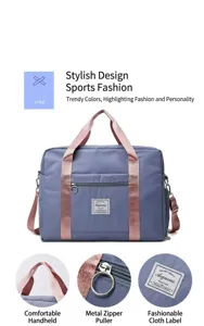 Detailed view showcasing the large capacity travel duffel bag with chic color block design.