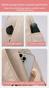 Vista dettagliata dello zaino in tessuto oxford beige con tasche multiple e scomparti sicuri.