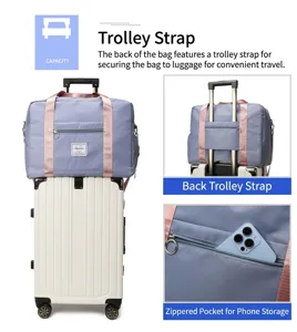 Large capacity travel duffel bag with trolley sleeve and shoe compartment for women weekend trip.