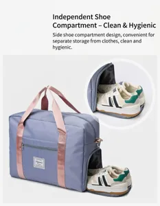 Large capacity travel duffel bag detail showing the separate shoe compartment and waterproof design.