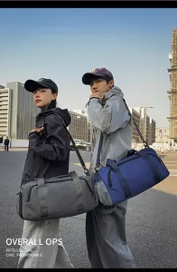 Large capacity sports duffel bag with shoe compartment and dry wet separation for travel.