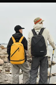 Outdoor lifestyle scene featuring waterproof sports backpacks with independent shoe compartments.