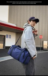 Outdoor street style travel duffel bag with dry wet separation and shoe compartment for sports.
