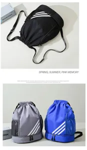 Zaino sportivo con coulisse impermeabile multifunzionale con vano scarpe e tasche in rete.