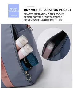 Large capacity travel gym bag detail showing dry wet separation zipper pocket for toiletries.
