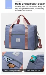Detailed view of the multi-pocket travel gym bag showing front storage and side bottle slot.
