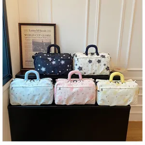 Detailed showcase of multi-color travel duffle bags with star prints, stylish and spacious.