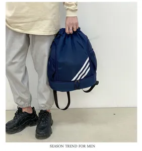 Men drawstring backpack blue sports gym bag with shoe compartment and side pockets for men