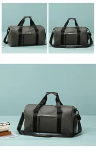 Gray sports gym duffel bag detail view, large capacity wet dry separation design for travel.