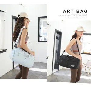 Lightweight nylon gym sports duffel bag for women, large capacity wet dry separation detail.