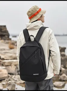Waterproof black backpack with shoe compartment, casual sports daypack for men outdoor travel