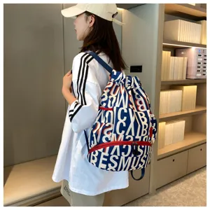 Stylish drawstring backpack with bold letter prints, large capacity sport bag for daily use.