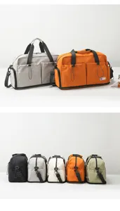 Detailed view of large capacity travel duffel bag showing multi-pocket design and color options.