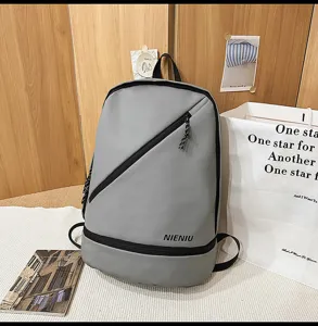 Grey waterproof sports backpack featuring dry-wet separation and independent shoe compartment.