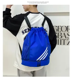 Blue basketball backpack large capacity drawstring sports bag with shoe compartment