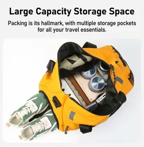 Waterproof yellow gym duffel bag with separate shoe compartment and multiple pockets for travel.