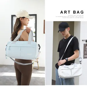 Lightweight nylon gym bag detail, spacious daily travel duffel with shoulder strap.