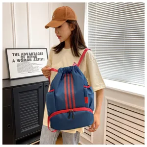 Oxford cloth drawstring sports backpack with 3 stripes design, large capacity for gym.