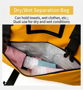 Detail shot of waterproof gym bag showing wet dry separation compartment and zipper pocket.