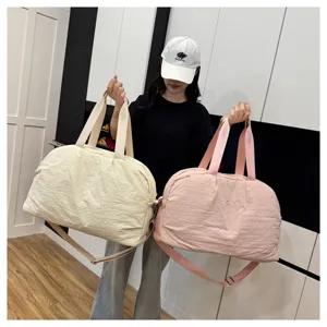 Large capacity travel duffel bag with shoulder strap fitness gym bag for women pink beige