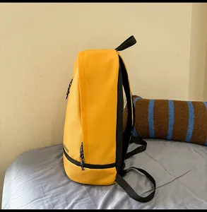 Waterproof PU casual backpack in yellow and black, side view of sports bag for daily use.
