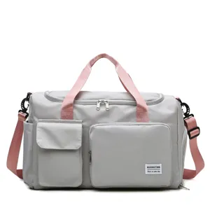 Large capacity gym duffel bag with shoe compartment, grey oxford travel bag for sports and trips.