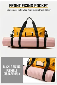 Waterproof gym duffel bag detail showcasing front strap design for yoga mat and buckle.