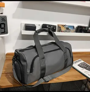 Grey sports travel duffel bag detail, large capacity gym bag with shoe compartment