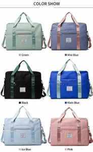 Multi-color travel bag detail view showing vibrant color options and sturdy handles.