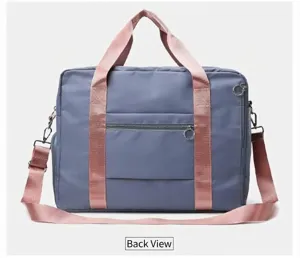 Large capacity travel bag gym luggage handbag with wet dry separation and comfortable pink straps.