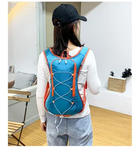 Outdoor cycling backpack sports lightweight hiking daypack with bungee cord blue and orange design.