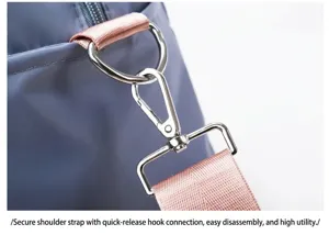 Travel bag shoulder strap metal hook and hardware connection mechanism close up view