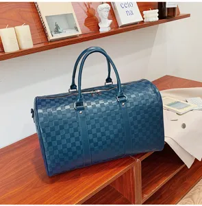 Blau karierte geprägte Reise-Duffle-Bag große Kapazität weiche Leder-Gepäcktasche.