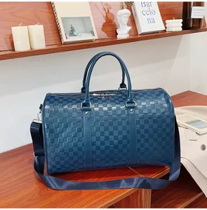 Blauer karierter geprägter Reisegepäcktasche große Kapazität weiches Leder Wochenendtasche sport